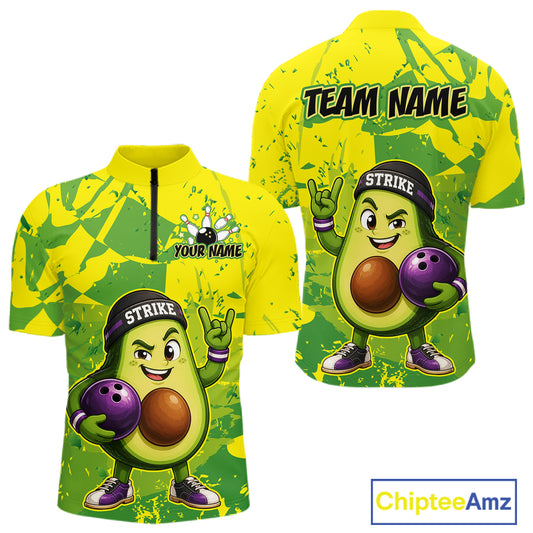 Yellow and green sports jersey with avocado character design and customizable text on a white background.