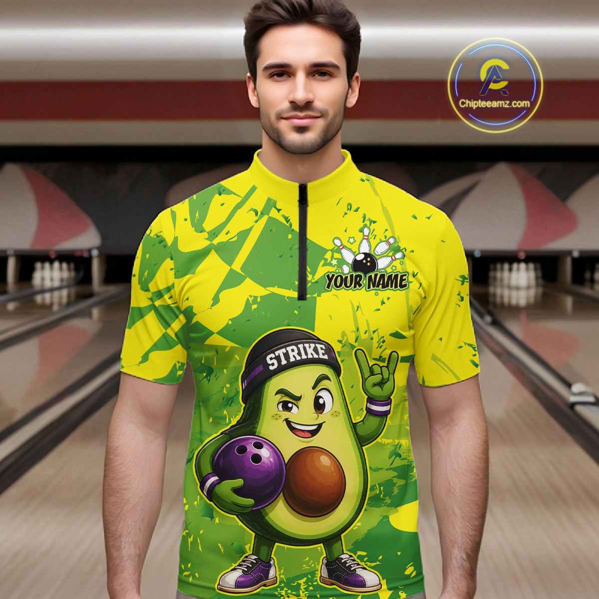 Man wearing a colorful bowling jersey with an avocado character design in a bowling alley.