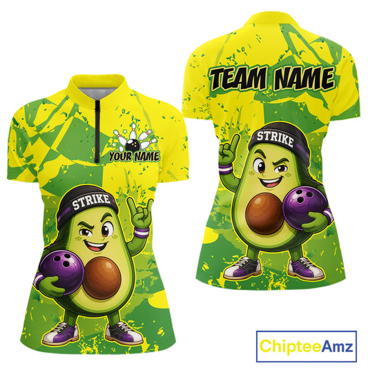 Avocado-themed bowling jersey with character design and customizable text on a white background