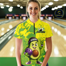 Load image into Gallery viewer, Person wearing a colorful bowling jersey with an avocado character design in a bowling alley.
