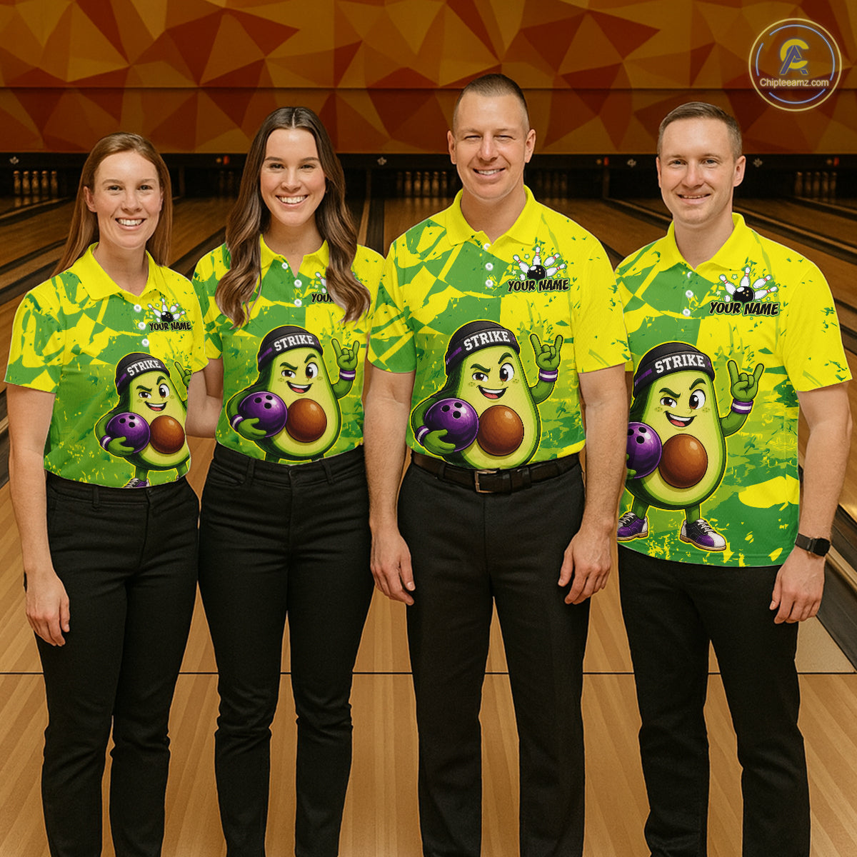 Four people wearing matching green and yellow bowling shirts with avocado and bowling ball graphics on a bowling alley background.