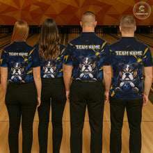 Load image into Gallery viewer, Group of four wearing custom blue bulldog bowling shirts back view displaying personalized team names above fierce cartoon bulldog artwork on a navy blue abstract background with gold lightning accents at the bowling alley