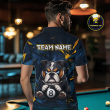 Load image into Gallery viewer, A back view of a custom black billiards polo shirt worn by a male model. The shirt features a funny bulldog on the back, with a large white 'TEAM NAME' text placeholder. The background is a billiards room with a table and hanging lights.