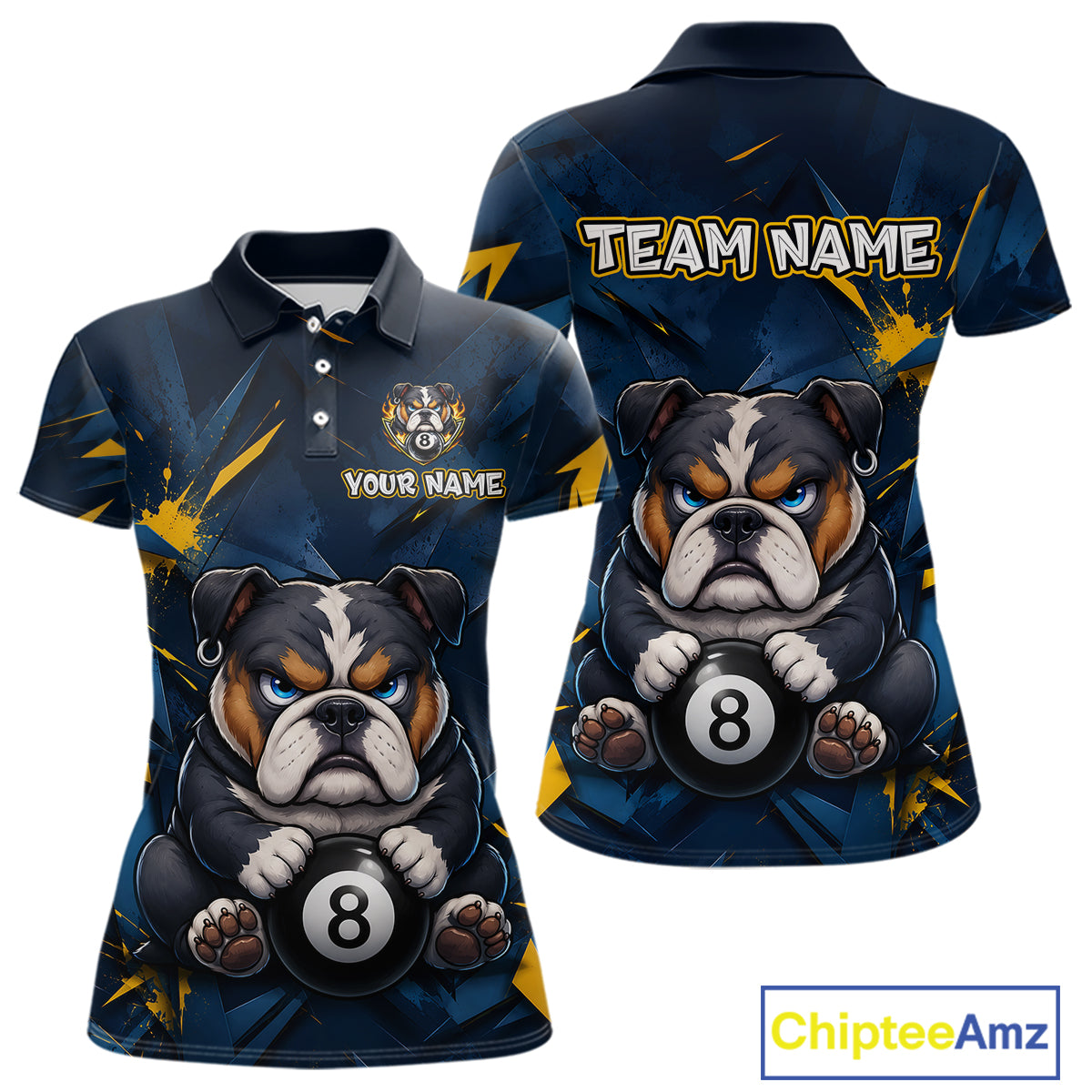 Front and back views of a blue and yellow short-sleeve polo shirt featuring a printed splash design with a bulldog holding a pool ball, plus customizable text areas on the chest and back.