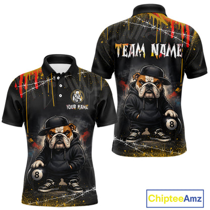 Street style short-sleeve polo shirt shown from front and back with a funny hip hop bulldog print holding an 8-ball, and customizable text areas including 'TEAM NAME' and 'YOUR NAME'.