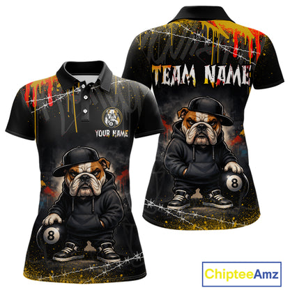 Front and back views of a black short-sleeve polo shirt featuring a printed red and yellow splash design with a hip hop bulldog holding a pool ball, plus customizable text areas on the chest and back.