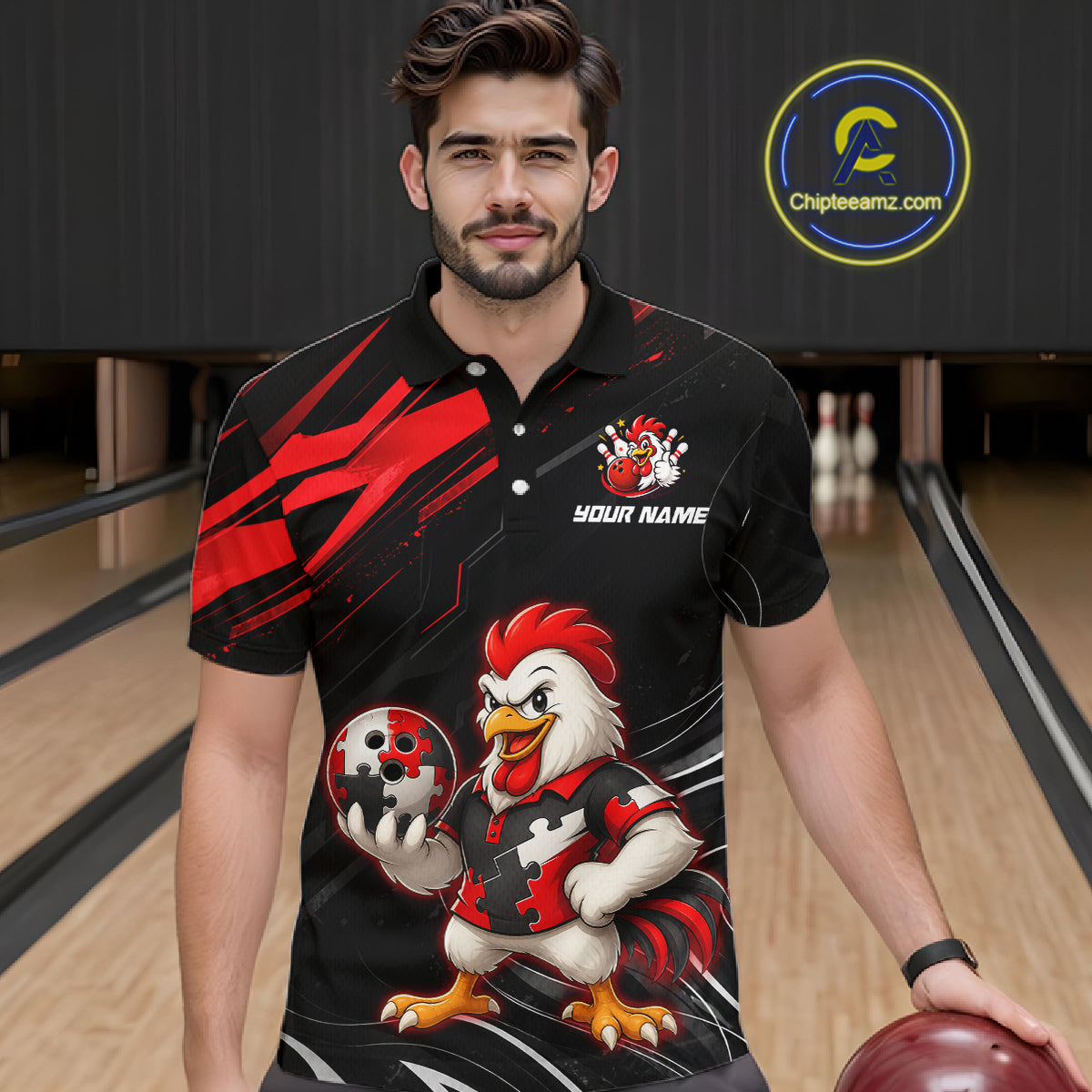 Custom Red Funny Autism Chicken Bowling Shirt for Men Bowling League Jersey Polo & Quarter-Zip QZT1018