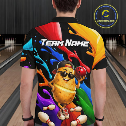 Colorful bowling shirt with a potato character on a bowling alley background