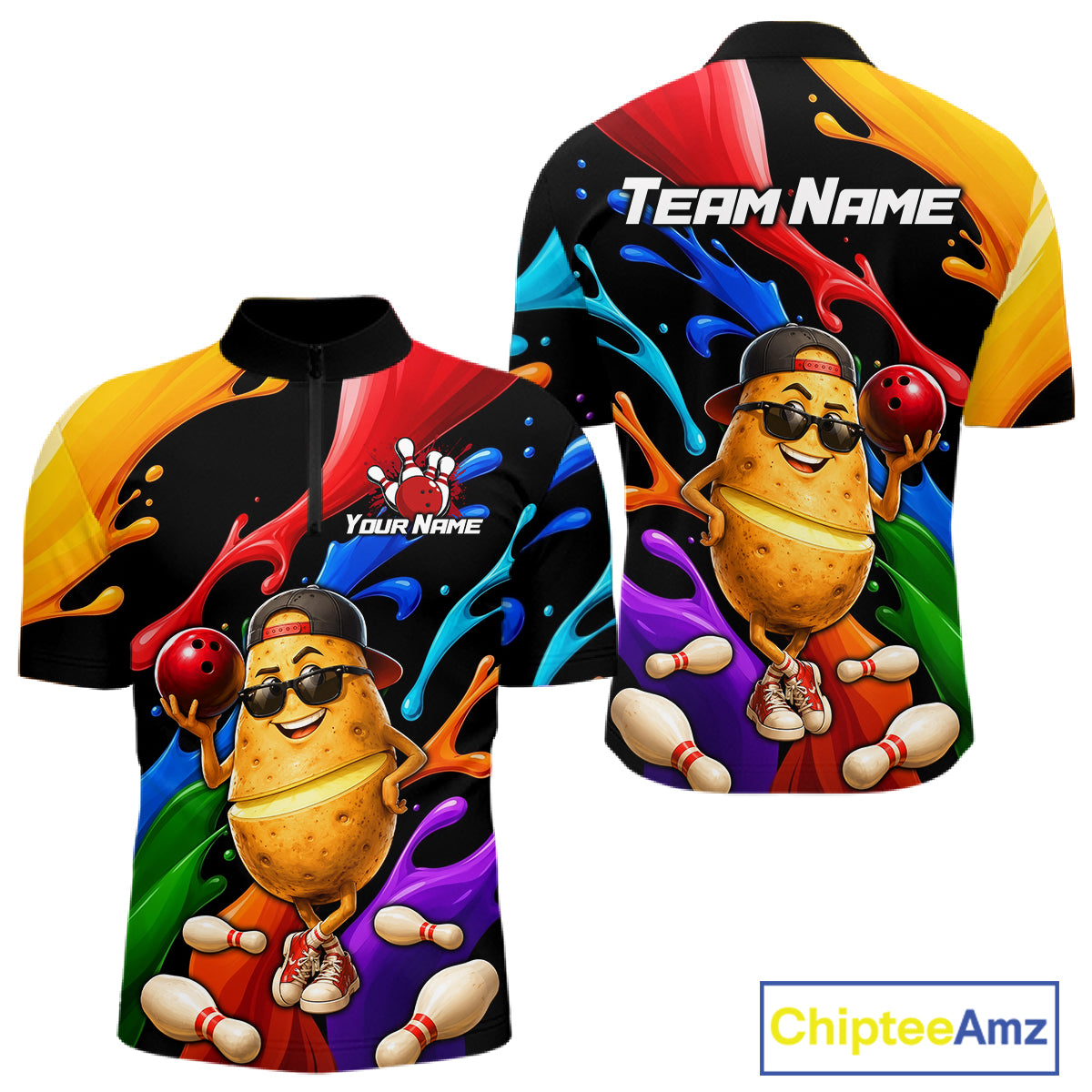 Colorful shirt with cartoon potato design and customizable text on a white background