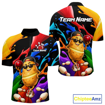 Colorful shirt with cartoon potato design and customizable text on a white background