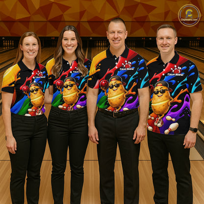 Four people wearing colorful bowling shirts with a cartoon character on a bowling alley.