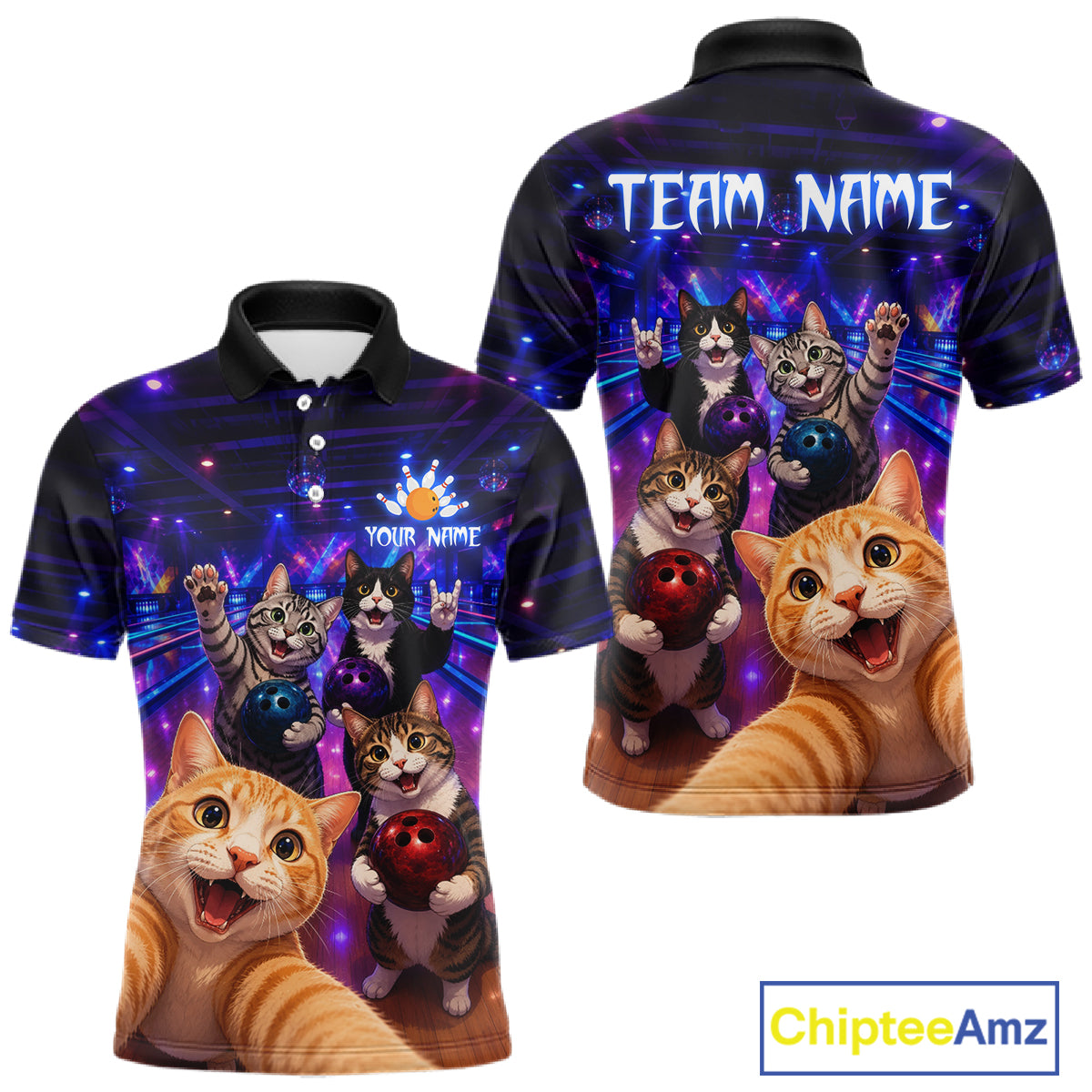 Polo shirt with cartoon cats and 'Team Name' text on a colorful background, featuring the brand 'Chiptee Amz'.