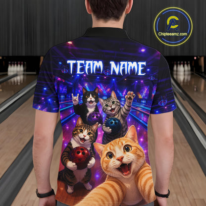 Person wearing a colorful bowling shirt with cartoon cats and 'Team Name' text in a bowling alley.