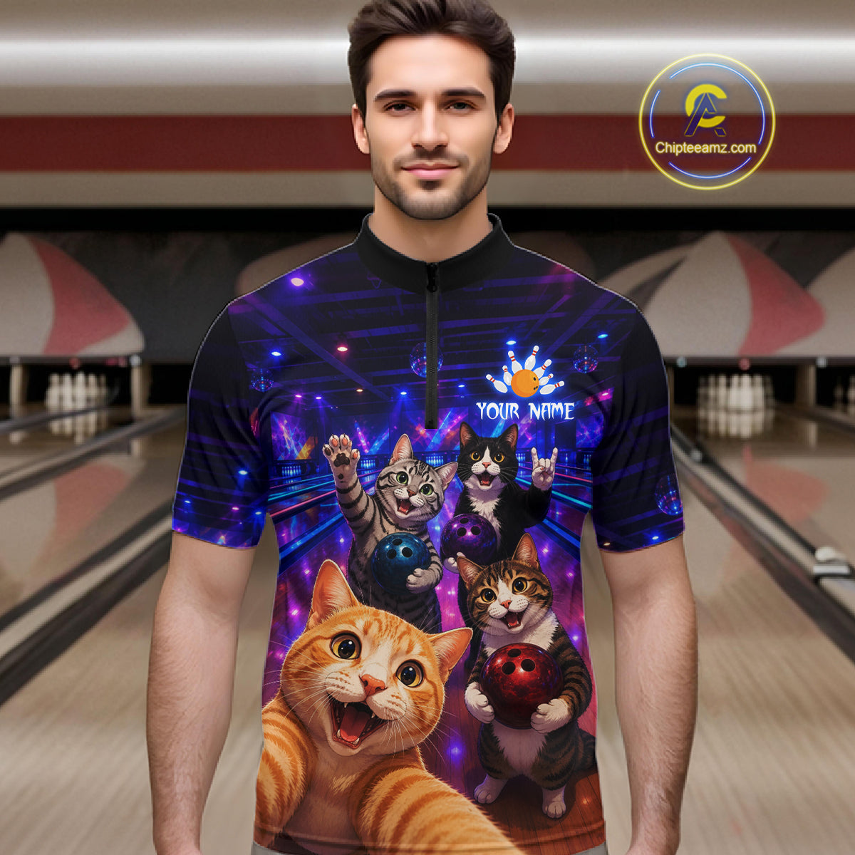 Custom Funny Cat Selfie Bowling Shirt for Men Bowling Team Jersey Bowling Outfit QZT1084
