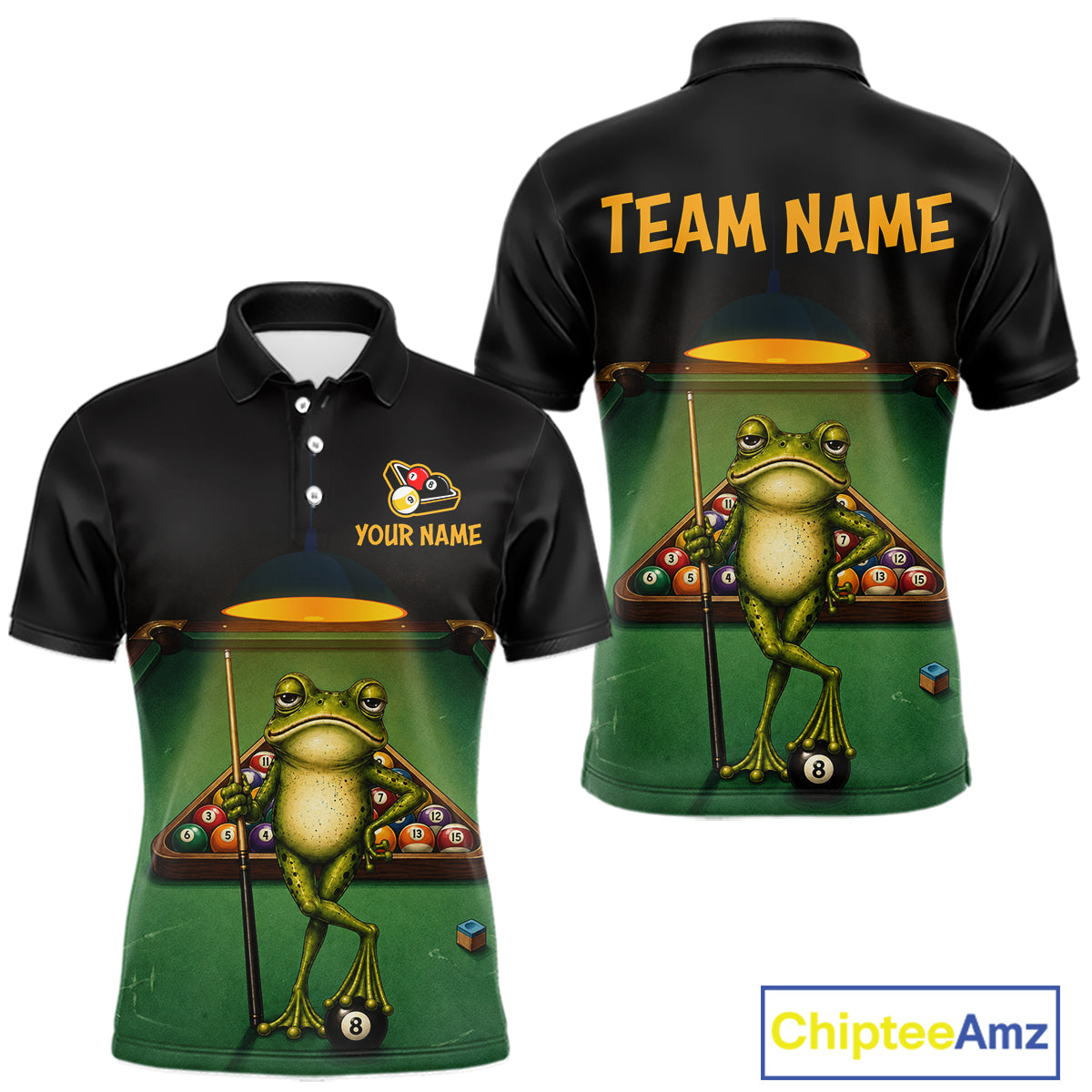 Customizable black polo shirt shown from front and back, featuring a green pool table graphic with a cartoon frog holding a cue stick and billiard balls, plus placeholder text 'TEAM NAME' and 'YOUR NAME'.