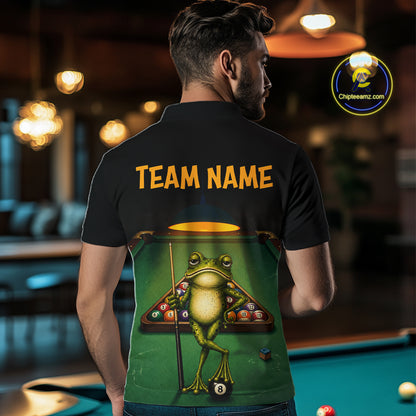 A man viewed from behind wearing a black short-sleeve polo shirt with a large graphic print on the back. The print features the text 'TEAM NAME' in yellow above a green pool table scene with a cartoon frog holding a pool cue and standing on a billiard ball.