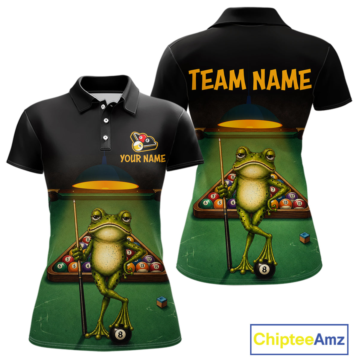 Customizable black polo shirt shown from the front and back, featuring a green pool table and frog graphic, with placeholder text 'TEAM NAME' and 'YOUR NAME'.