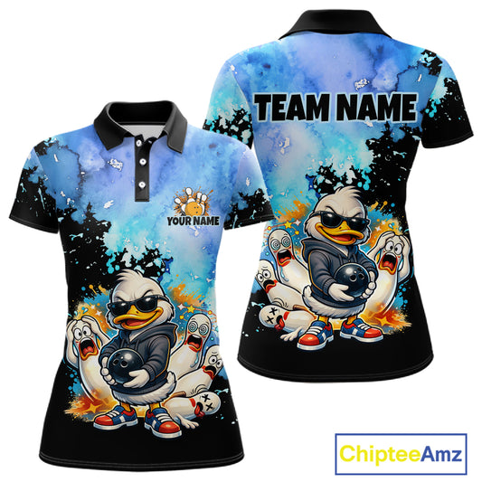 Colorful polo shirt with cartoon duck design and customizable text on a white background
