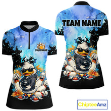 Load image into Gallery viewer, Colorful bowling-themed shirt with cartoon ducks and customizable text on a white background
