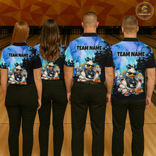Load image into Gallery viewer, Four people wearing matching bowling shirts with a cartoon character on a bowling alley.