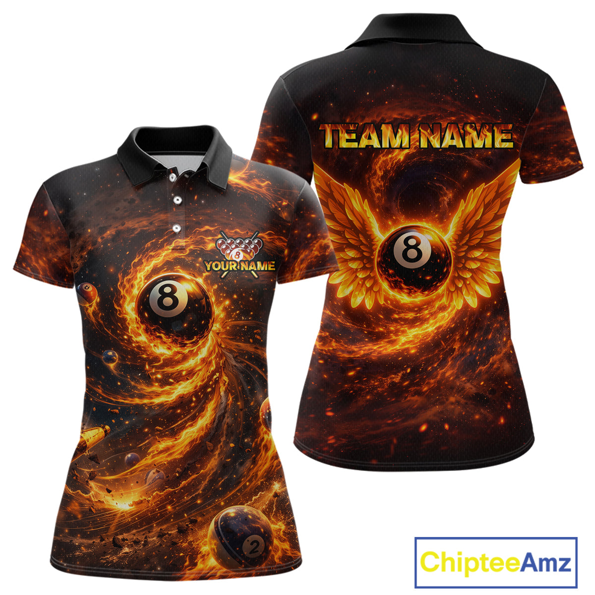 Orange Flame Billiard Shirt for Women Custom Wings 8 Ball Billiard Jersey Polo & 1/4 Zip Billiard Outfit BHT9