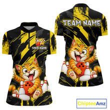Load image into Gallery viewer, Front and back view custom black yellow cat bowling quarter-zip shirt featuring a playful cartoon cat with bowling ball, bowling pins and yellow black paint stroke design, personalized with team name and player name