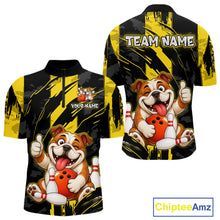 Load image into Gallery viewer, Front and back view custom black yellow bulldog bowling quarter-zip shirt featuring a playful cartoon bulldog with bowling ball, bowling pins and yellow black paint stroke design, personalized with team name and player name