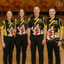 Load image into Gallery viewer, Group of four wearing custom black yellow bulldog bowling shirts front view featuring playful cartoon bulldog artwork with bowling ball, bowling pins and yellow black paint stroke pattern at the bowling alley