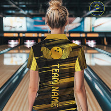 Load image into Gallery viewer, Female model wearing a custom black gold bowling polo shirt back view displaying the personalized team name below a gold bowling ball emblem at the bowling alley