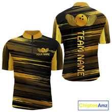 Load image into Gallery viewer, Front and back view custom black gold bowling quarter-zip shirt featuring a gold bowling ball emblem, dynamic gold brush stroke pattern and striped design, personalized with team name and player name