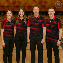 Load image into Gallery viewer, Group of four wearing custom black red bowling shirts front view featuring red bowling ball emblem, dynamic red brush stroke pattern and striped design at the bowling alley
