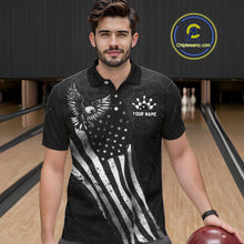 Load image into Gallery viewer, Male model wearing a custom black patriotic bowling polo shirt front view featuring a distressed American flag, bald eagle emblem and grunge pattern at the bowling alley