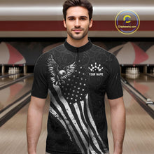 Load image into Gallery viewer, Male model wearing a custom black patriotic bowling quarter-zip shirt front view featuring a distressed American flag, bald eagle emblem and grunge pattern at the bowling alley
