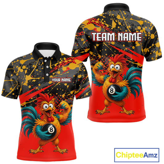 Custom Red Funny Chicken Billiard Shirt, 8 Ball Pool Team Jersey for Men, Polo & 1/4 Zip BHT106