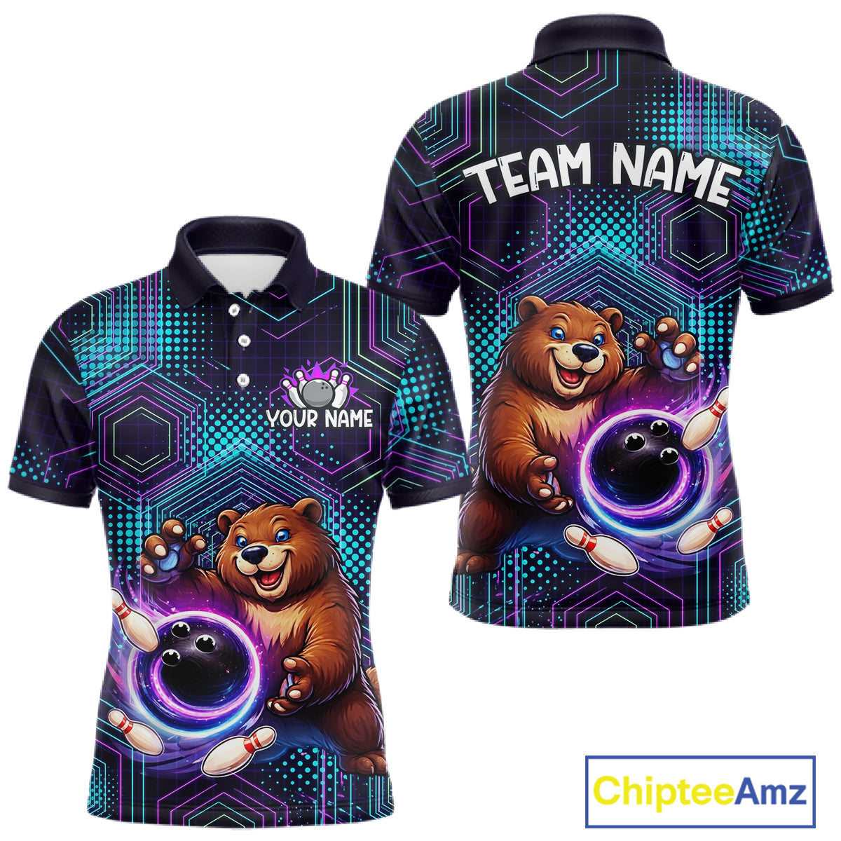 Custom Funny Bear Bowling Shirt for Men Bowling League Jersey Polo & 1/4 Zip Bowling Outfit QZT986