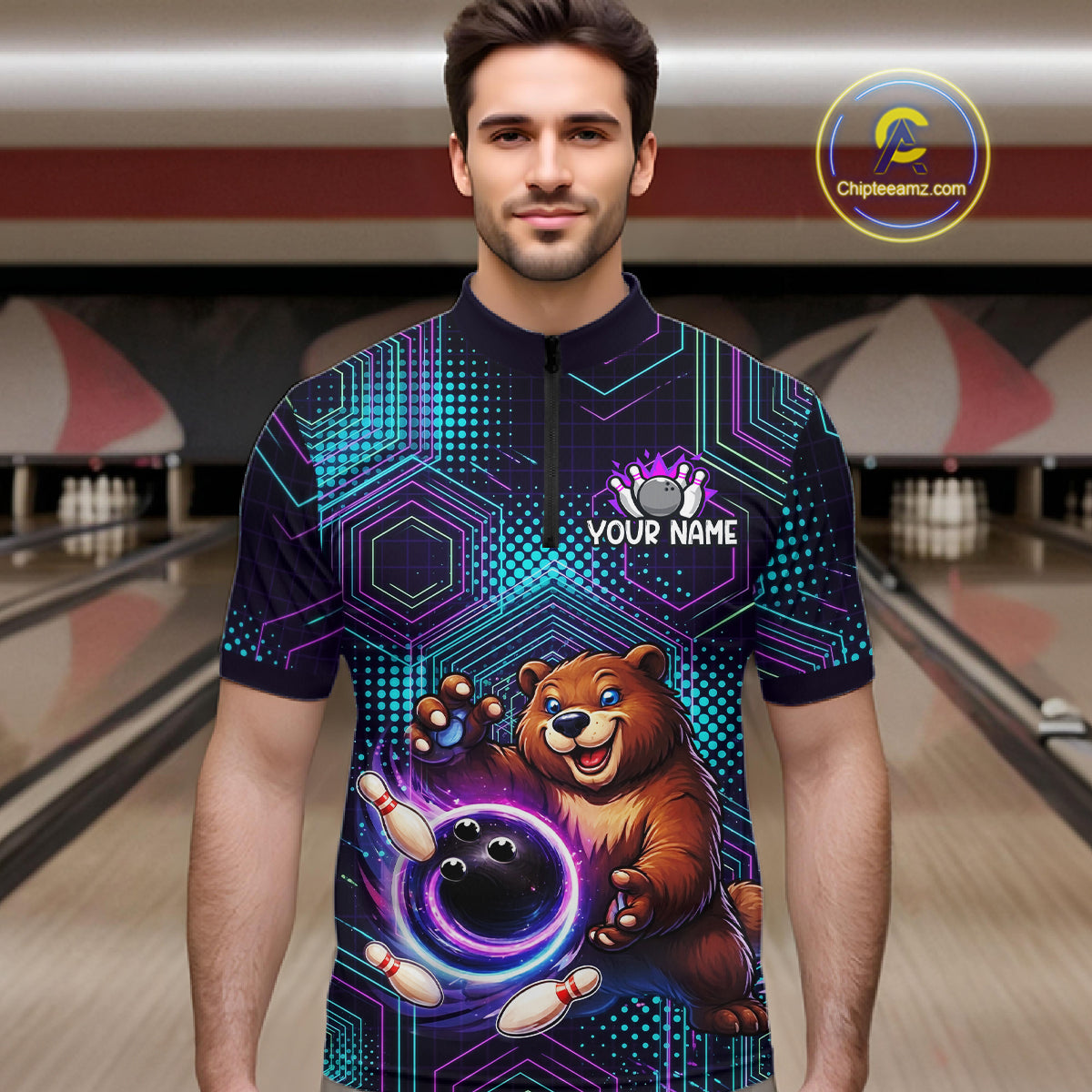 Custom Funny Bear Bowling Shirt for Men Bowling League Jersey Polo & 1/4 Zip Bowling Outfit QZT986