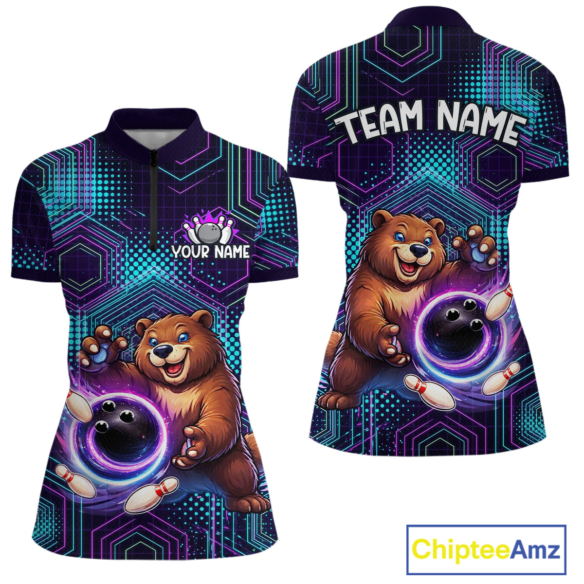 Custom Funny Bear Bowling Shirt for Women Bowling League Jersey Polo & 1/4 Zip Bowling Outfit QZT986