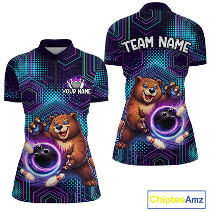 Custom Funny Bear Bowling Shirt for Women Bowling League Jersey Polo & 1/4 Zip Bowling Outfit QZT986