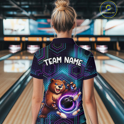 Custom Funny Bear Bowling Shirt for Women Bowling League Jersey Polo & 1/4 Zip Bowling Outfit QZT986