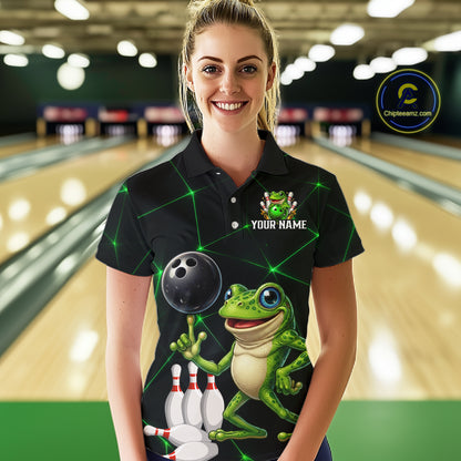 Green Funny Frog Bowling Shirt for Women Custom Bowling Jersey Polo & 1/4 Zip QZT1024