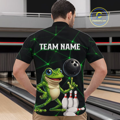 Green Funny Frog Bowling Shirt for Men Custom Bowling Jersey Polo & 1/4 Zip QZT1024