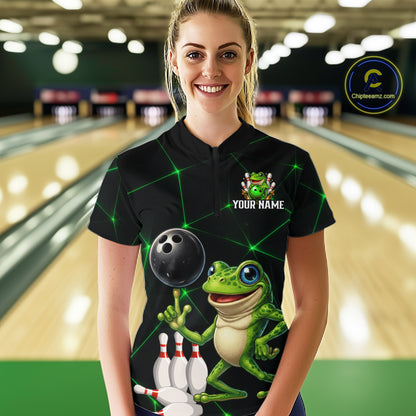Green Funny Frog Bowling Shirt for Women Custom Bowling Jersey Polo & 1/4 Zip QZT1024