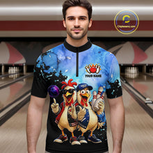 Load image into Gallery viewer, Man wearing a colorful bowling shirt with cartoon chickens in a bowling alley.