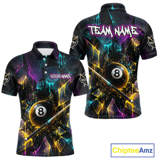 Front and back view custom colorful shattered glass 8 ball billiard polo shirt featuring personalized team name design