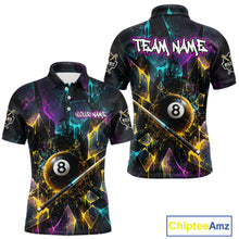 Load image into Gallery viewer, Front and back view custom colorful shattered glass 8 ball billiard polo shirt featuring personalized team name design