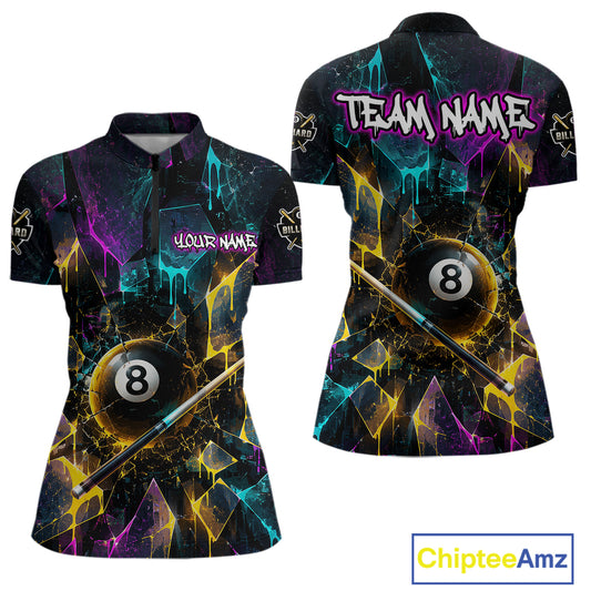 Front and back view custom colorful shattered glass 8 ball billiard quarter-zip shirt featuring personalized team name design