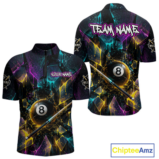 Front and back view custom colorful shattered glass 8 ball billiard quarter-zip shirt featuring personalized team name design