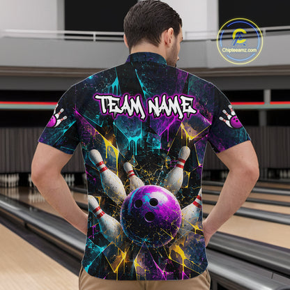 A man viewed from behind wearing a short-sleeve bowling-themed button-up shirt with a colorful cosmic design, bowling pins, and a purple bowling ball graphic. The shirt has 'TEAM NAME' printed across the back.