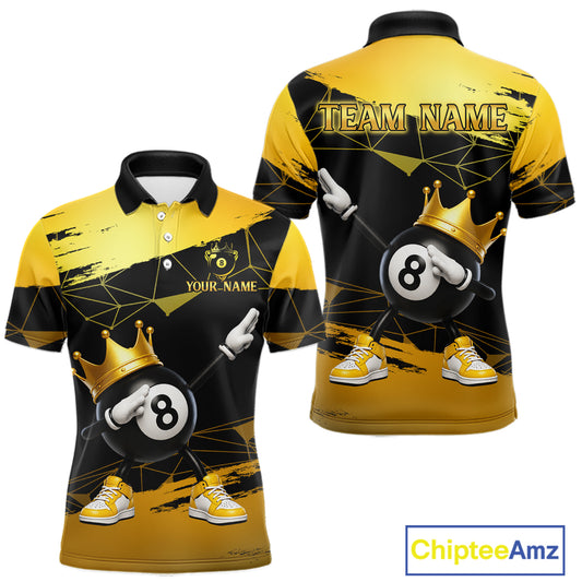 Front and back view custom black and gold geometric crown 8 ball billiard polo shirt featuring personalized team name design