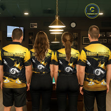 Load image into Gallery viewer, Front view of billiard team wearing matching custom black and gold geometric crown 8 ball billiard polo shirts with personalized team name